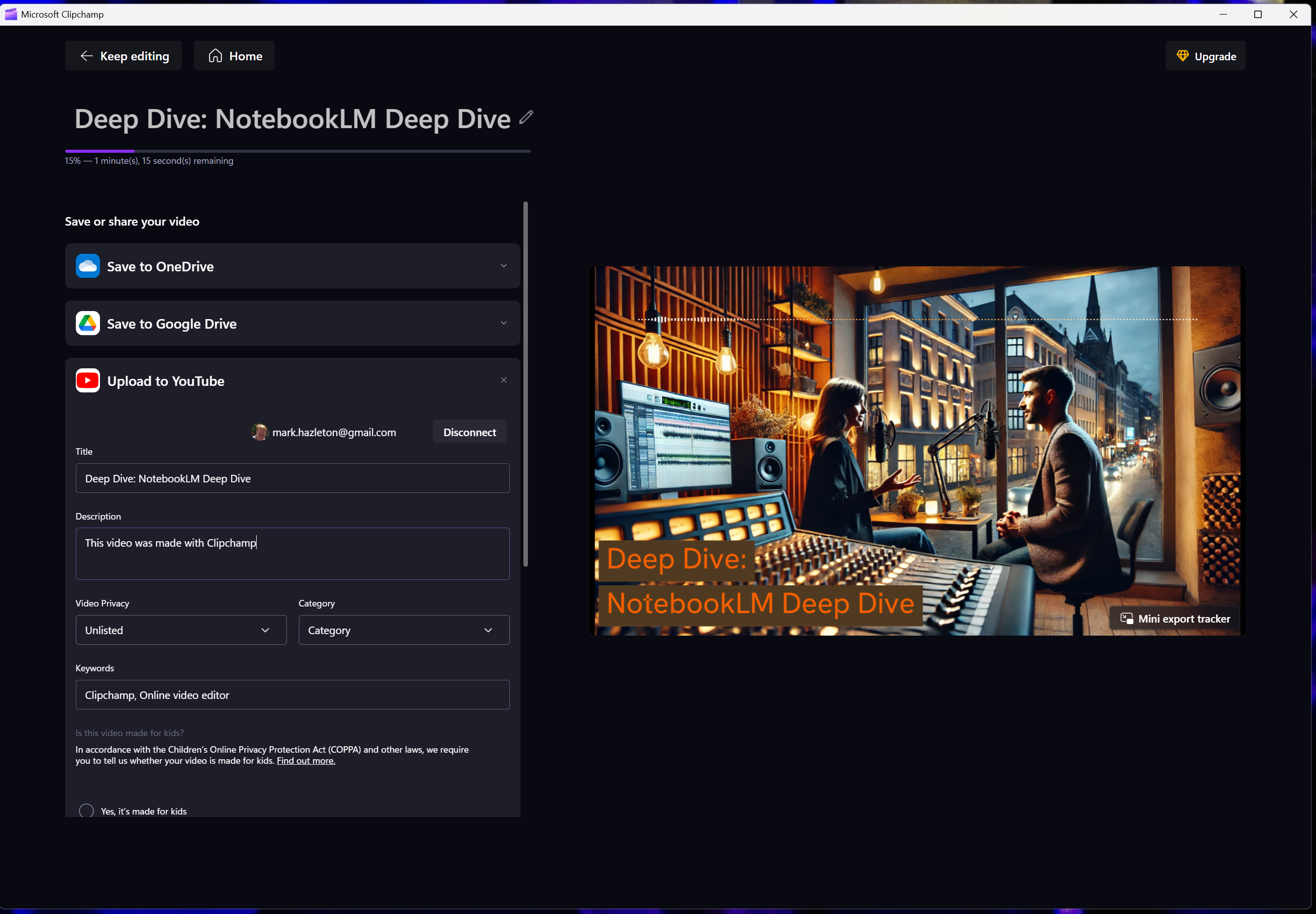 Microsoft Clipchamp Video Editor - Podcast Publishing to YouTube Screenshot of Microsoft Clipchamp video editor interface