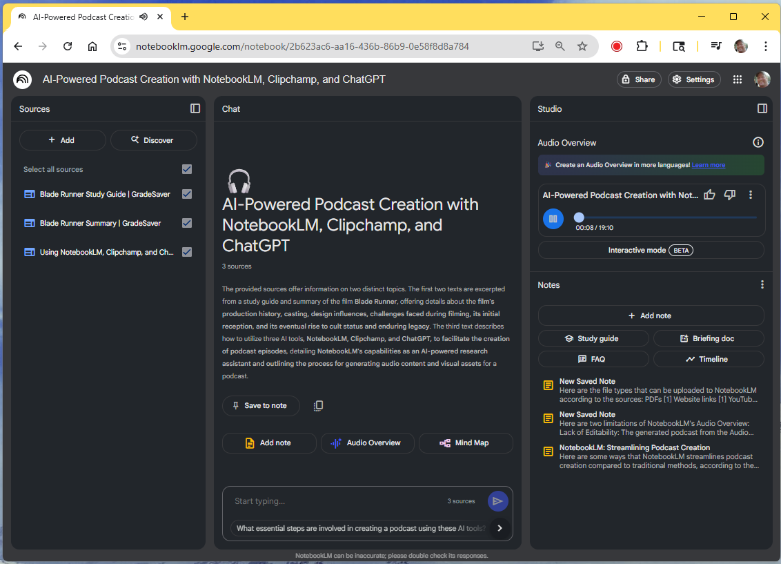 Google NotebookLM Audio Overview - Example Podcast Generation Screenshot of Google NotebookLM Audio Overview interface