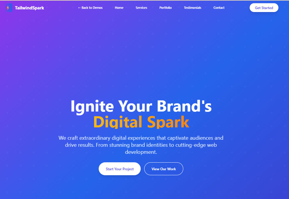 TailwindSpark Marketing Landing Page Demo featuring hero sections, testimonials, and conversion-focused design patterns
