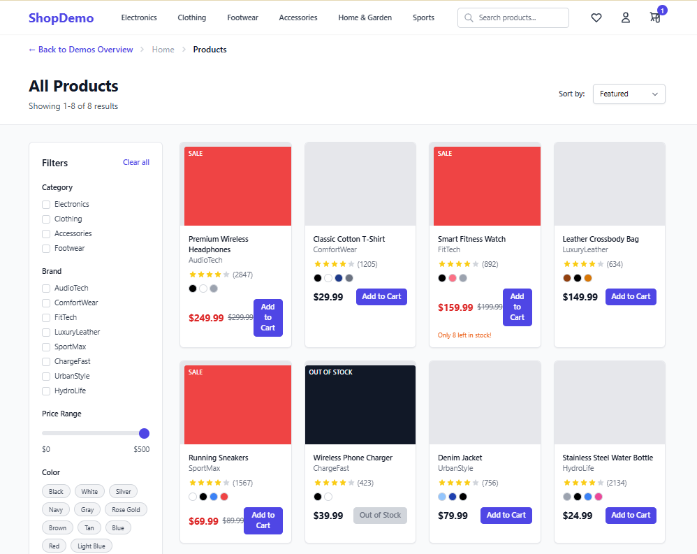TailwindSpark E-commerce Demo featuring product grids, shopping cart functionality, and responsive design