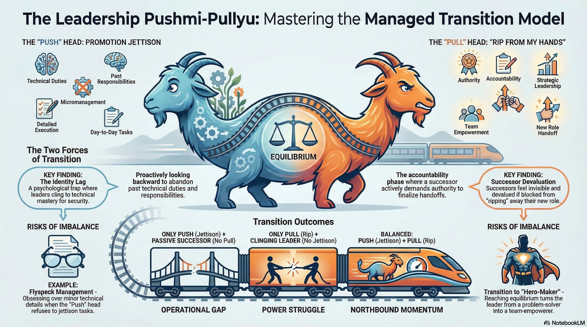 The Leadership Pushmi-Pullyu: Mastering the Managed Transition Model - A visual diagram showing the equilibrium between the "push" head (promotion jettison) and the "pull" head (authority handoff), illustrating how leadership transitions require coordinated forces moving toward the Northbound Train destination