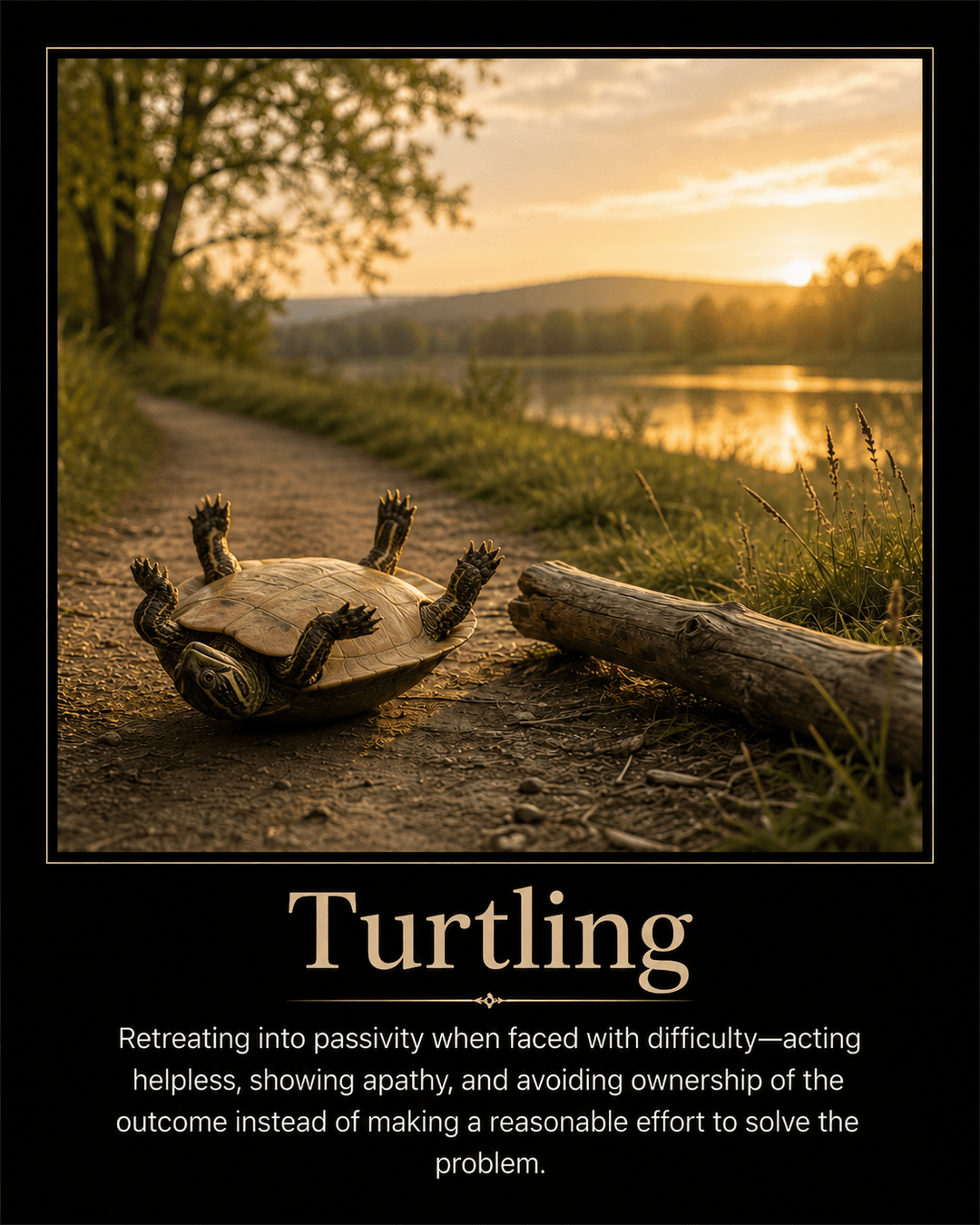 An upended turtle on its back beside a fallen log on a sunset trail — turtling is when someone stops struggling to right themselves and waits for an outside force to flip them over, instead of continuing to work the problem