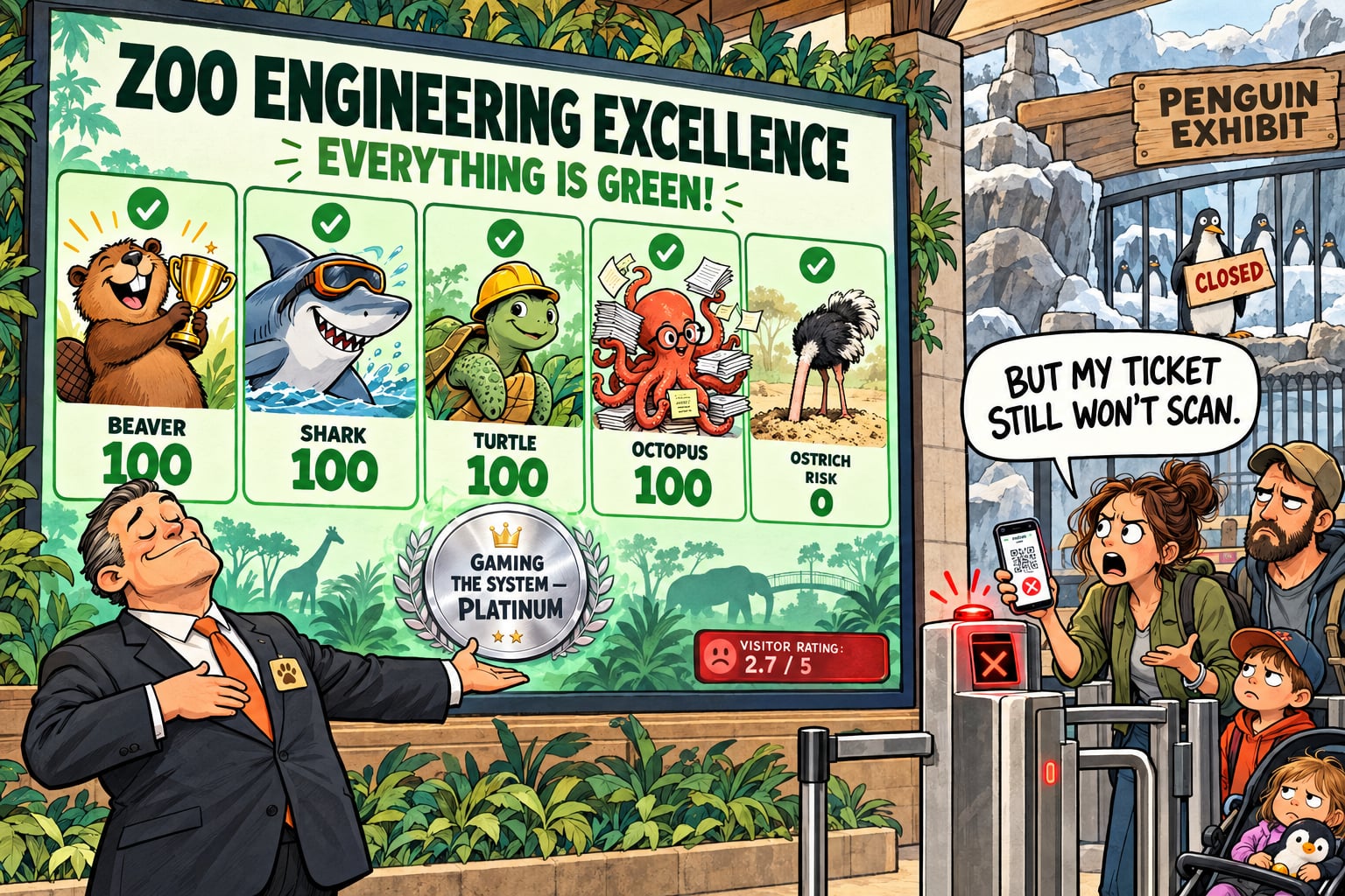 A manager celebrates perfect animal scores while a family is stuck at a broken ticket scanner; the neglected visitor rating is 2.7 out of 5.