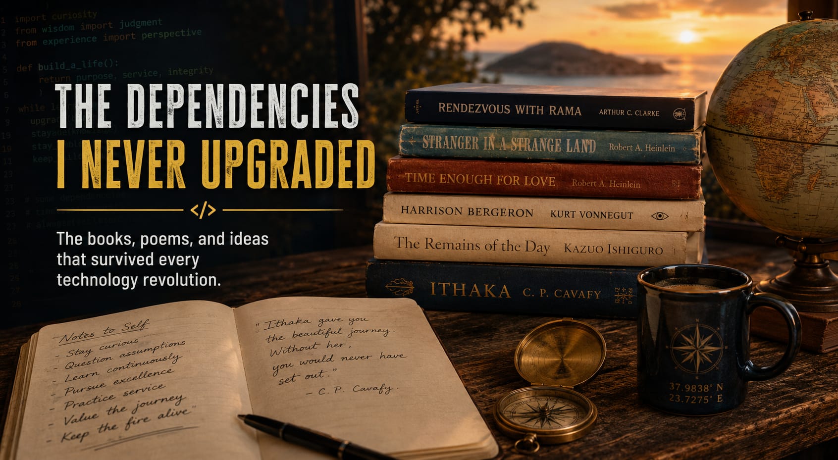 "The Dependencies I Never Upgraded" title graphic showing a stack of well-worn books — Rendezvous with Rama, Stranger in a Strange Land, Time Enough for Love, Harrison Bergeron, The Remains of the Day, and Ithaka — beside an open journal, a compass, and a sunset view of an island, evoking the books that shaped a lifelong software career